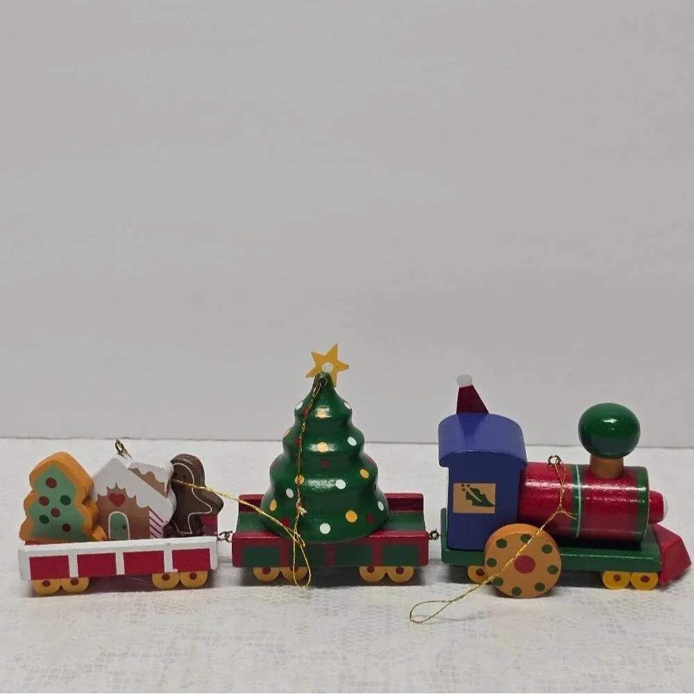 Vintage 80s Wooden Christmas Train Ornaments Set Of 3 Holiday Retro Santa